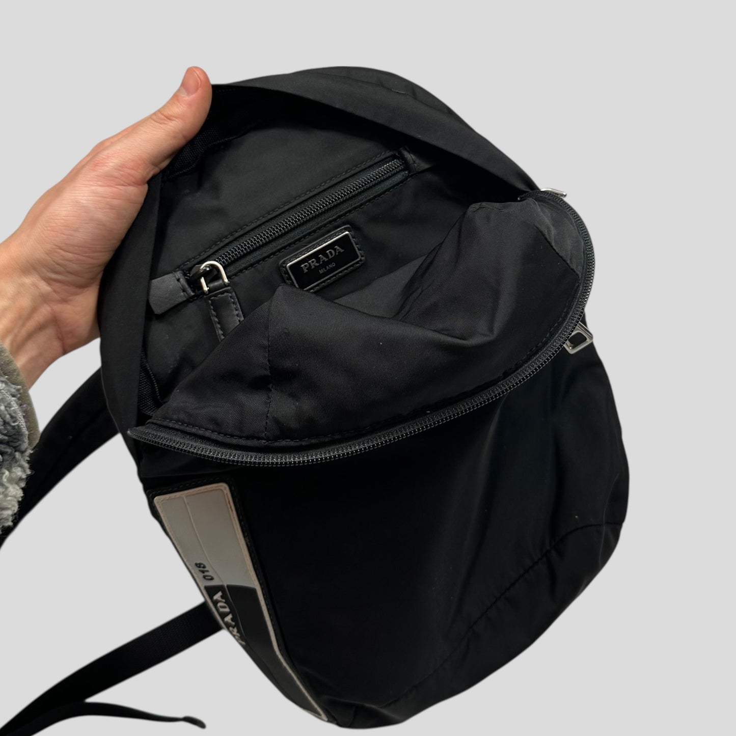 Prada 2018 Rubber Race Logo Nylon Sling Harness Backpack | O/S, Grey