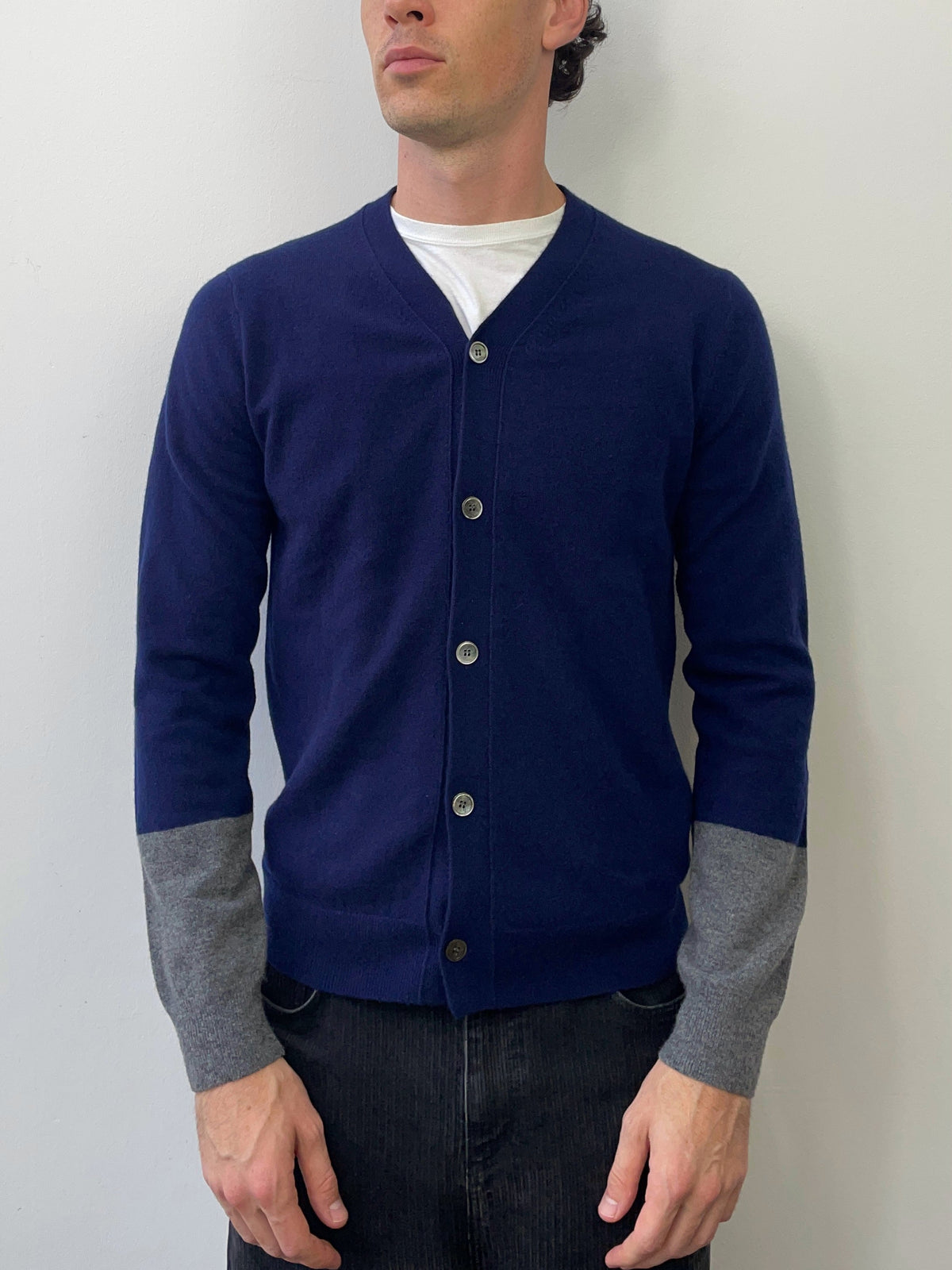 Comme Des Garçons SHIRT Lambswool Forever Cardigan | Medium, Navy Blue, Gray