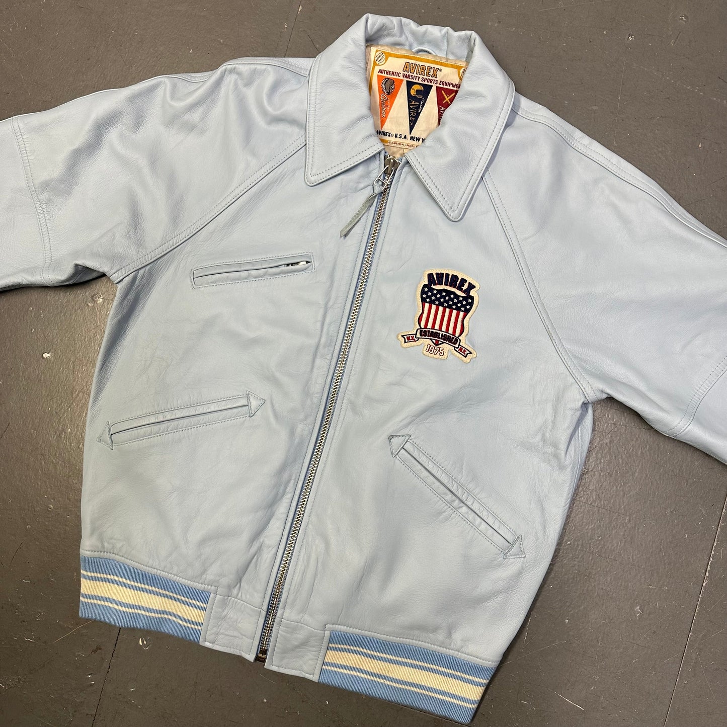 Avirex Icon Leather Jacket In Baby Blue ( L )