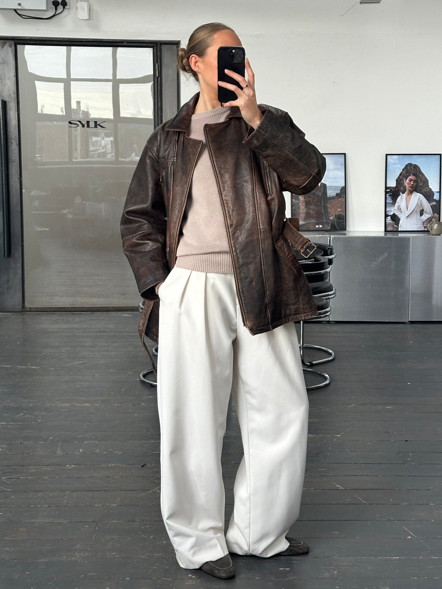 Vintage 1980s Aged Belted Leather Jacket - L