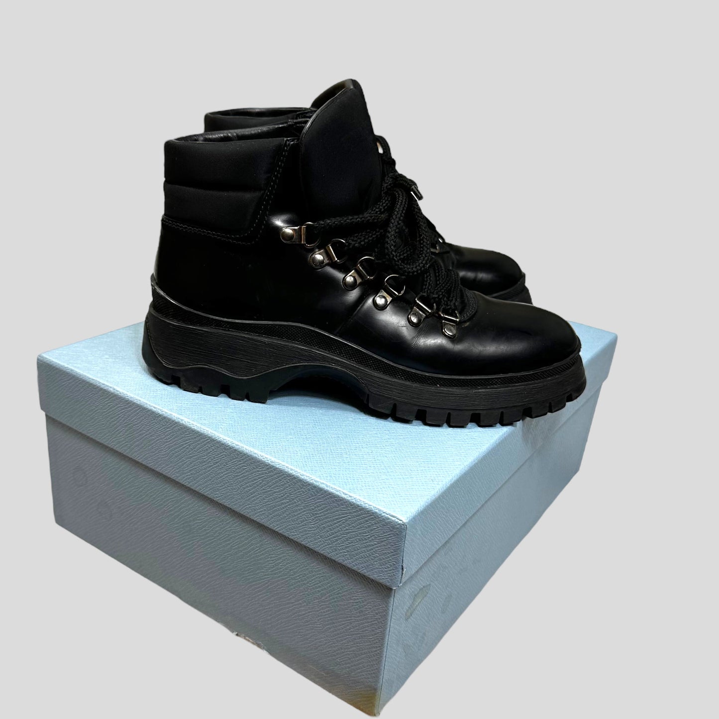 Prada Milano 90’s Leather + Nylon Combat Boots - UK4