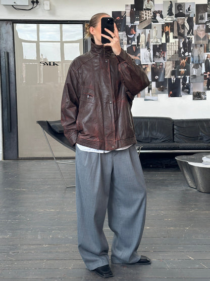 Vintage 1990s Funnel Neck Aged Leather Bomber Jacket - XL