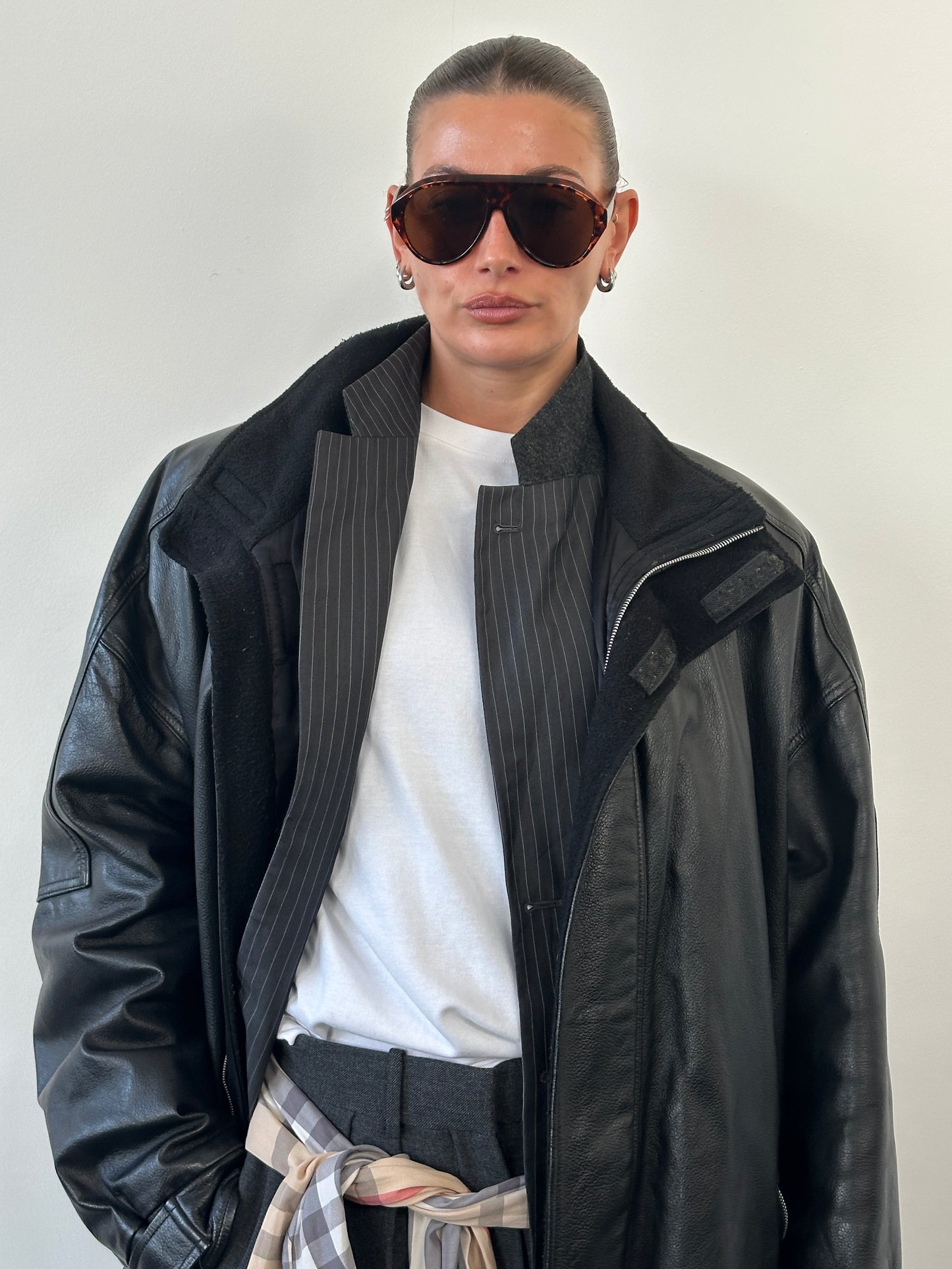 Armani Jeans 2000s High Neck Double Zip Leather Jacket - XXL