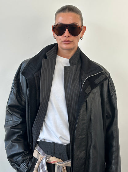 Armani Jeans 2000s High Neck Double Zip Leather Jacket - XXL