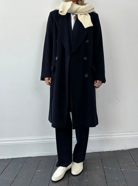 Giorgio Armani double-breasted wool coat in size L, stylish and warm with classic design, shown on a neutral background.