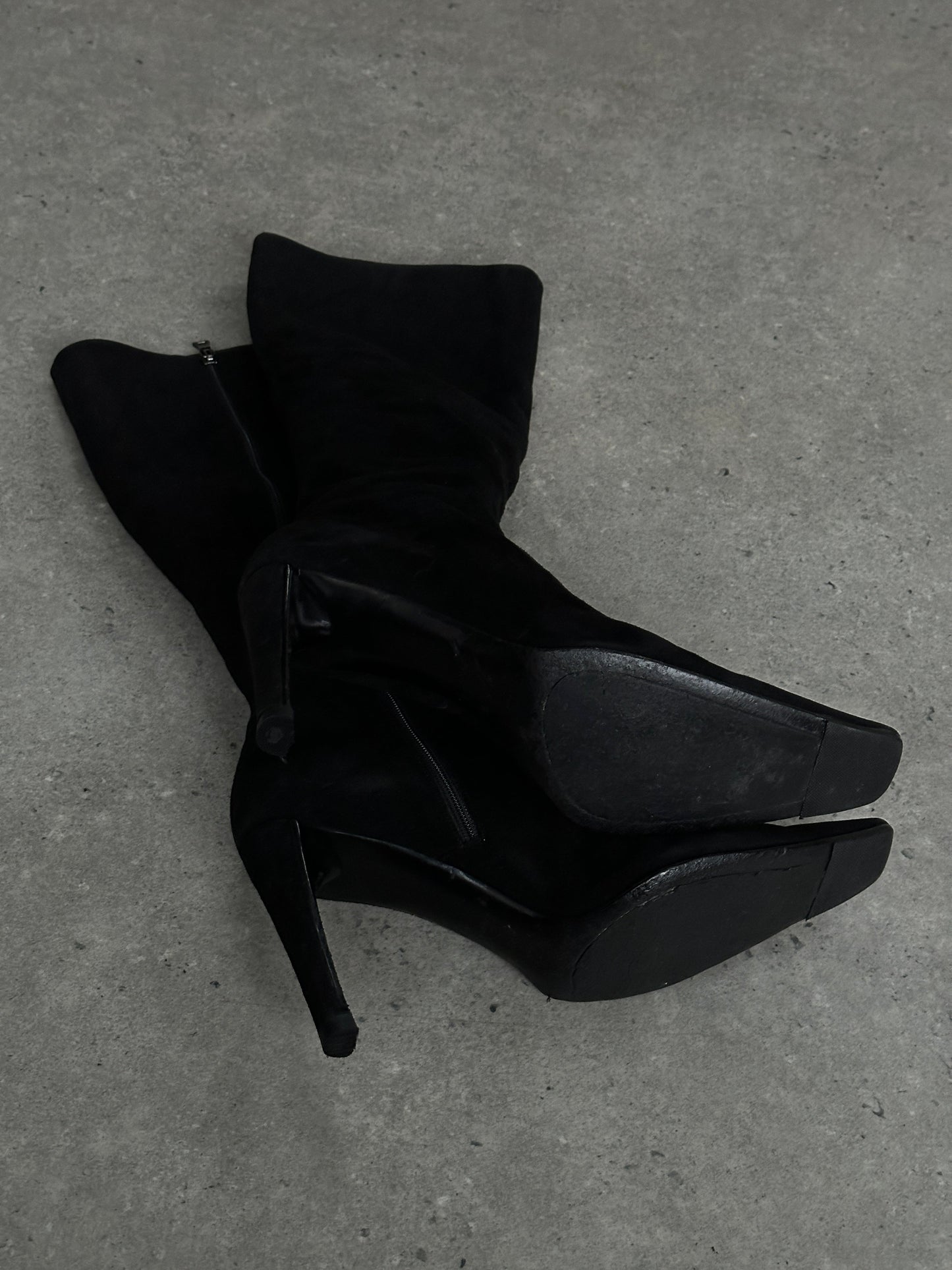 Prada 2000s suede knee boots with square toe and heel, UK 7.5 / EU 40.5, showcasing stylish footwear design.