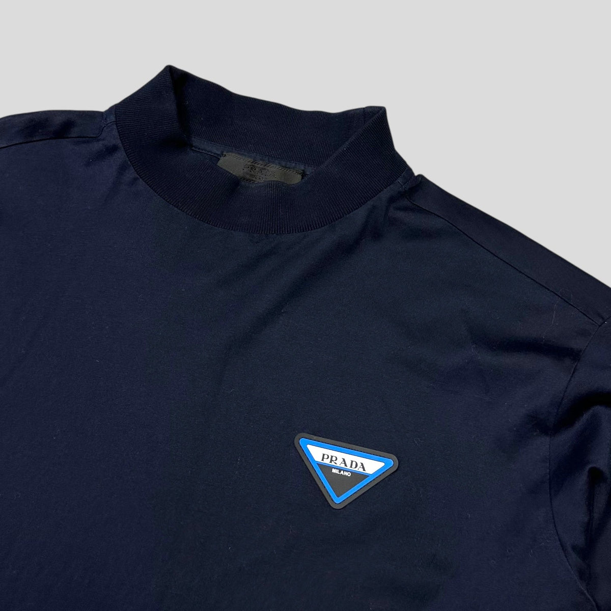 Prada 2018 Rubber Triangle Logo Mock Neck Light Jumper - S | Small, Navy