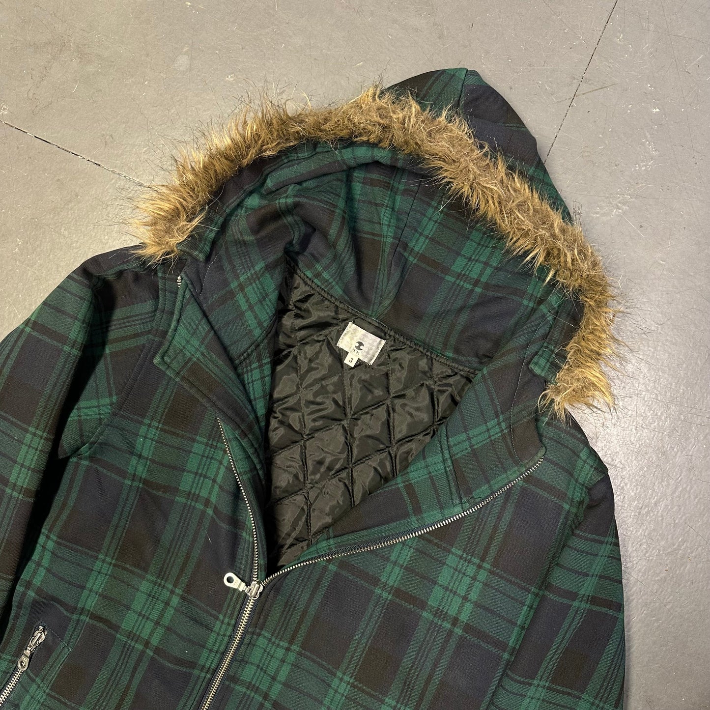Takeo Kikuchi Plaid Hoodie In Green With Fur Hood  ( L )