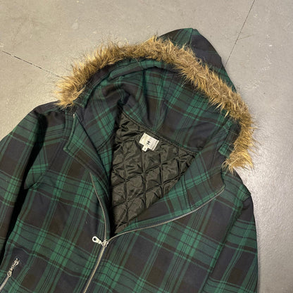 Takeo Kikuchi Plaid Hoodie In Green With Fur Hood  ( L )