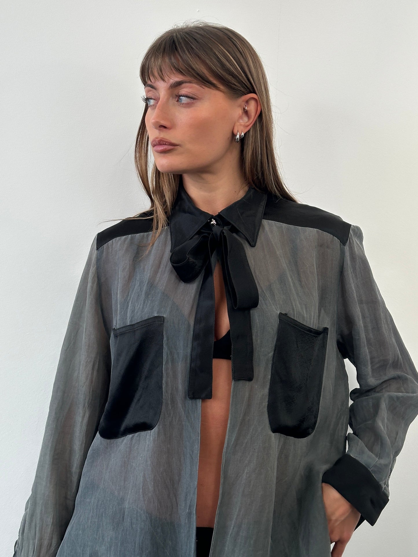 Vintage 1990s Sheer Satin Tie Neck Shirt - M