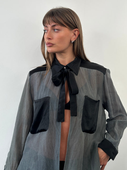 Vintage 1990s Sheer Satin Tie Neck Shirt - M