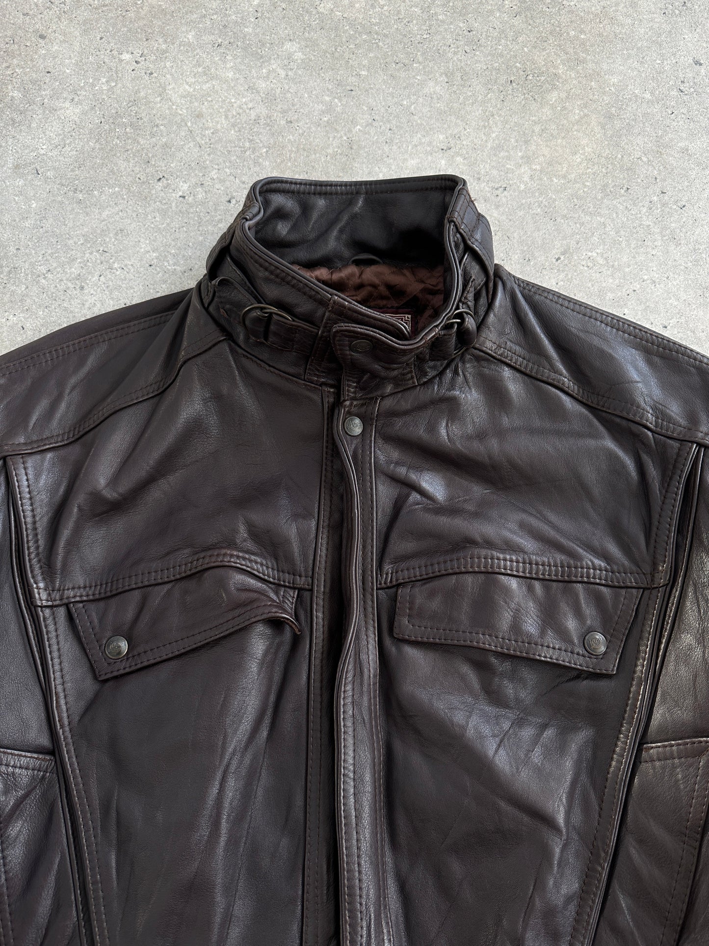 French Vintage 1980s High Neck Leather Bomber Jacket - L