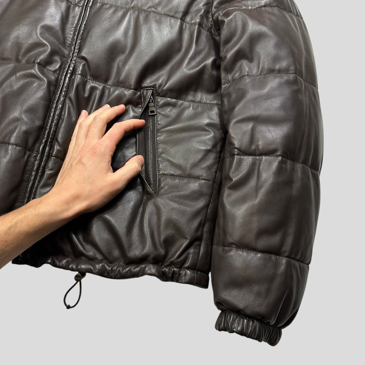Prada Milano 2012 Leather Reversible Triangle Logo Nylon Puffer Jacket - L | Default Title, Multicoloured