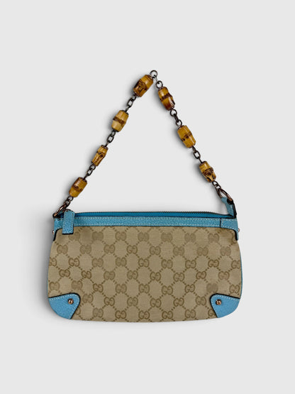 Vintage 90s Gucci Monogram Mini Bamboo Chain Shoulder Bag | O/S, Beige, Blue