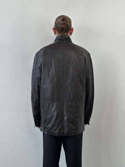 Jaeger 1990s Concealed Placket High Neck Leather Jacket - XL
