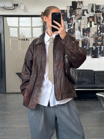 Vintage 1990s Funnel Neck Aged Leather Bomber Jacket - XL