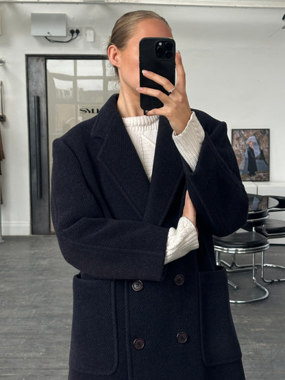 Burberry 1990s Herringbone Wool Double Breasted Coat - M/L