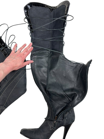 Diesel StyleLab Y2K thigh high corset back leather boots | GREY, Black