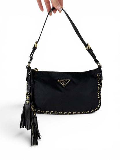 2000s RARE Prada Nylon Grommet Stitch Shoulder Bag | O/S, Black