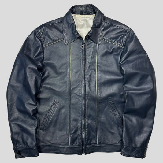 Versace 90’s Classic Premium Blue Leather Piped Moto Jacket - M