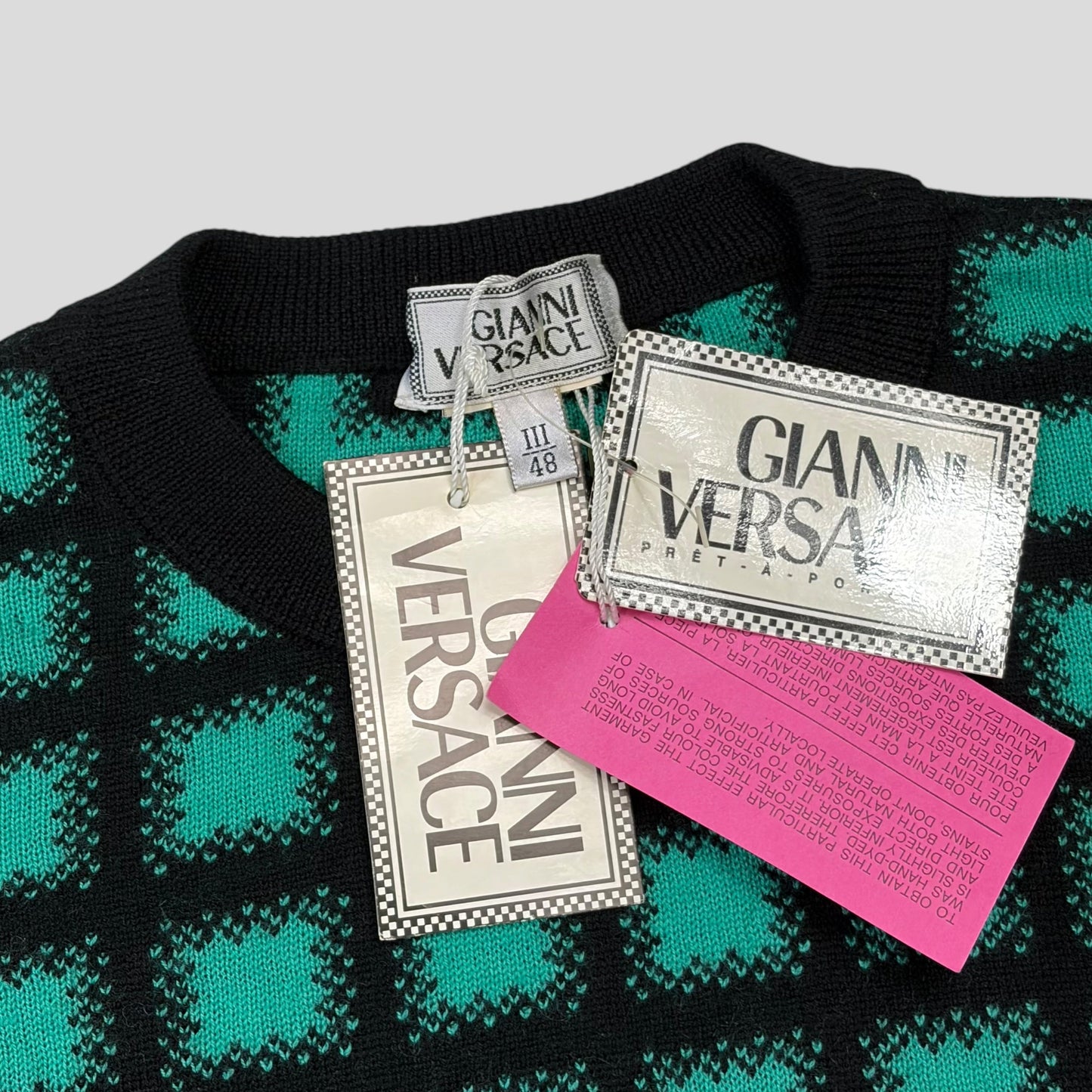 Gianni Versace 1991 Gradient Grid Graphic Knitted Wool Jumper - M/L | O/S, Black