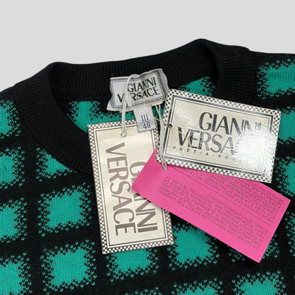 Gianni Versace 1991 Gradient Grid Graphic Knitted Wool Jumper - M/L | O/S, Black