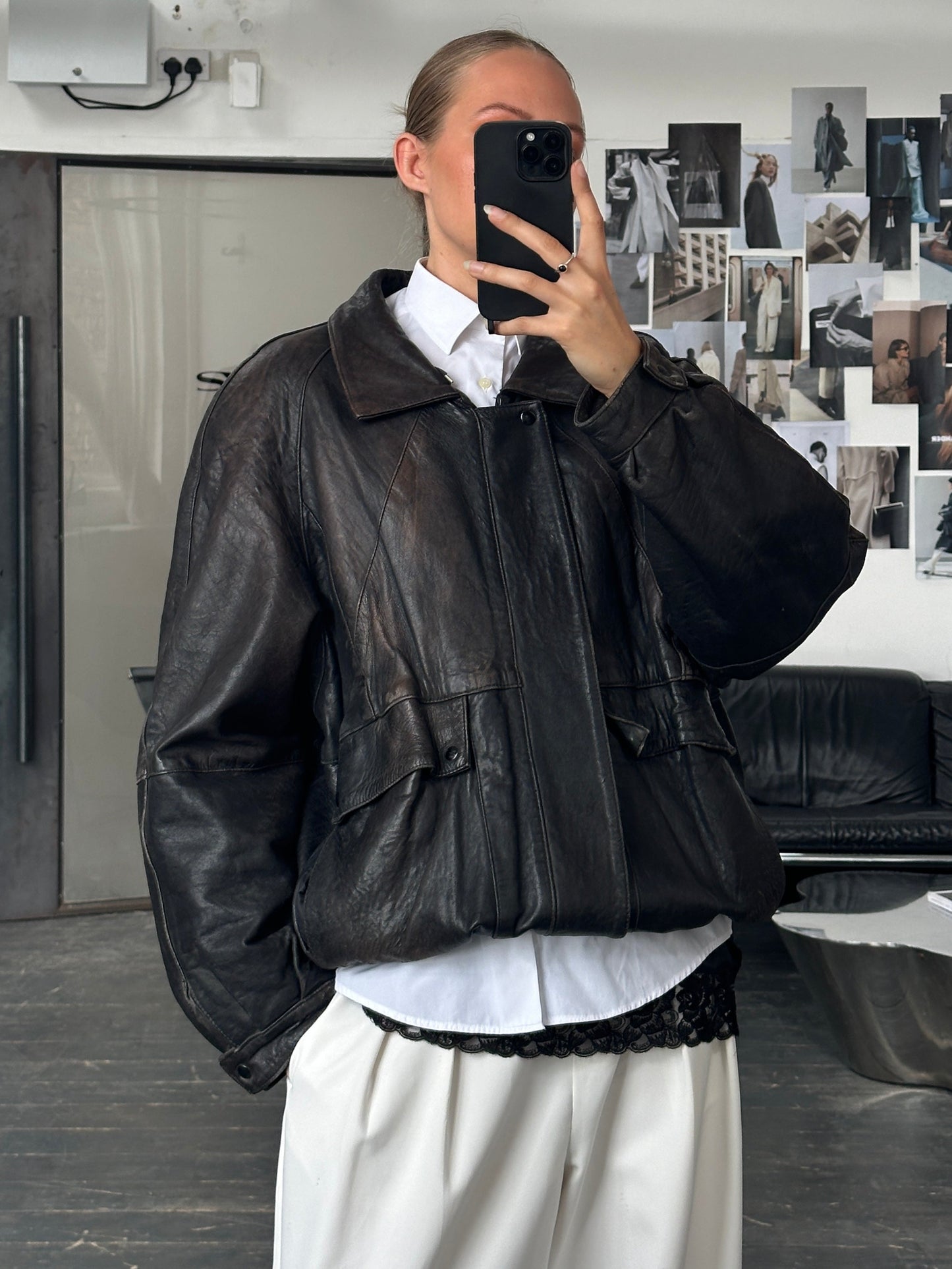 Vintage 1980s Aged Leather Bomber Jacket - XL