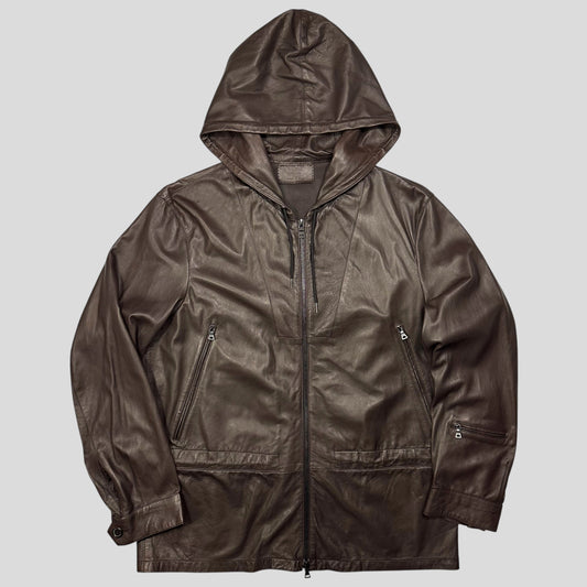 Prada Milano 00’s Nappa Leather Stash Pocket Hooded Jacket - L