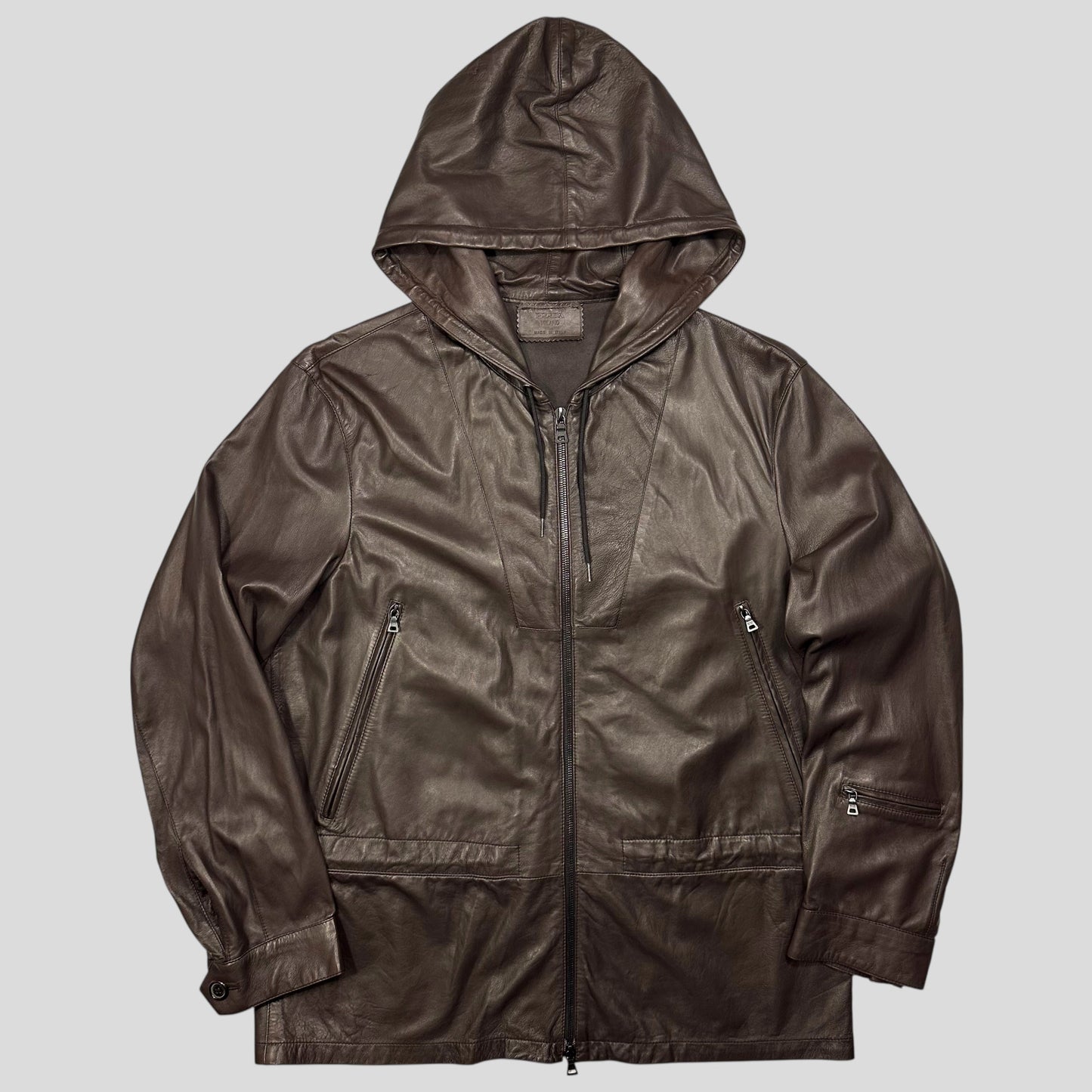 Prada Milano 00’s Nappa Leather Stash Pocket Hooded Jacket - L | Default Title, Brown