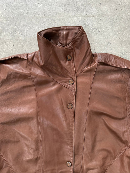Vintage 1990s Leather High Neck Trench Coat - L