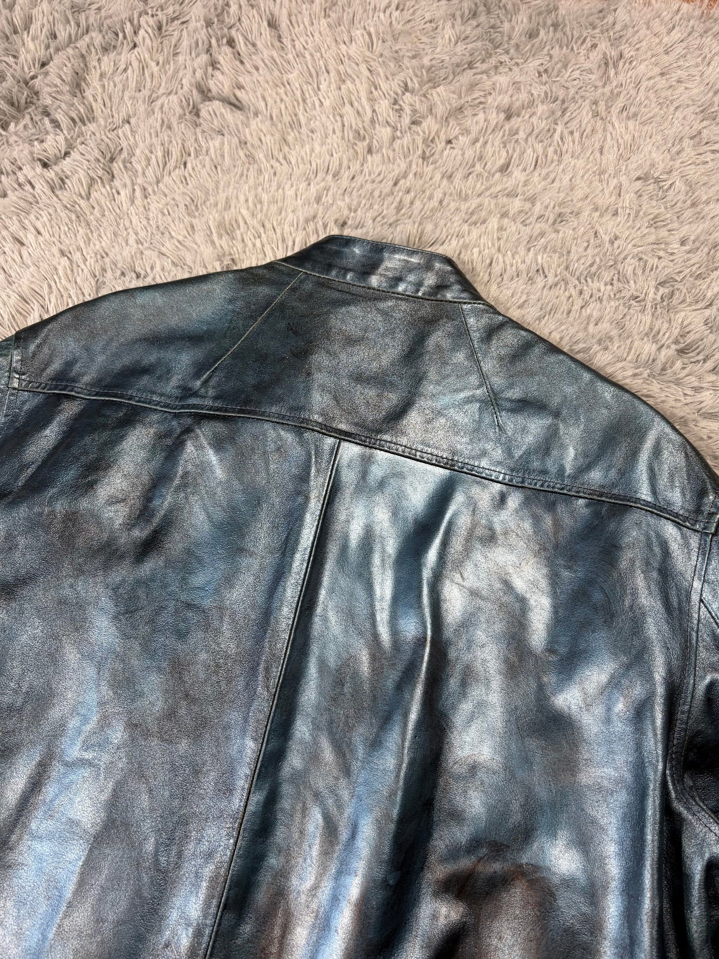 Versace VJC 00’s Blue Leather Metallic Rockstar Jacket - L | O/S, Multicoloured