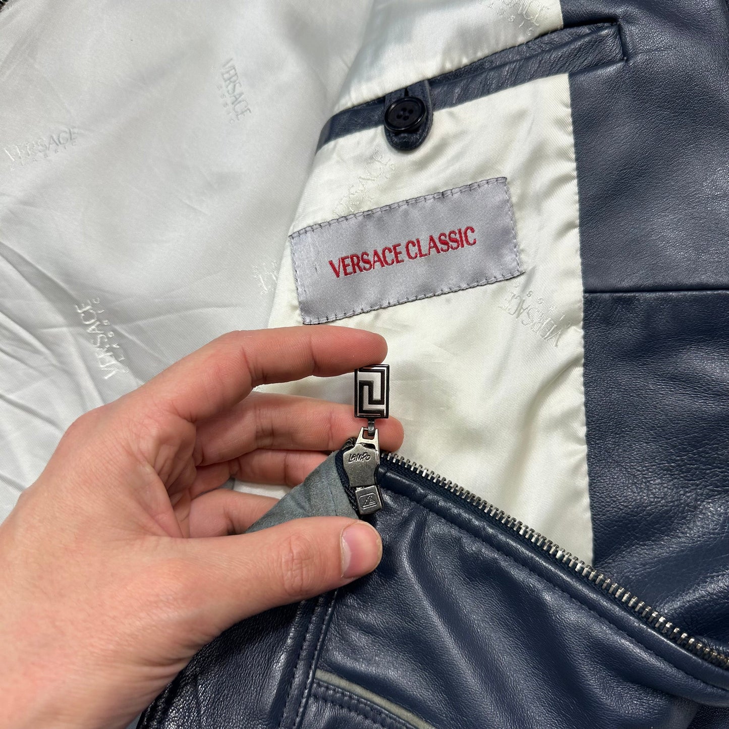 Versace 90’s Classic Premium Blue Leather Piped Moto Jacket - M