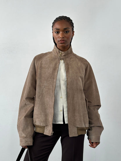 Vintage 1990s High Neck Suede Bomber Jacket - XL