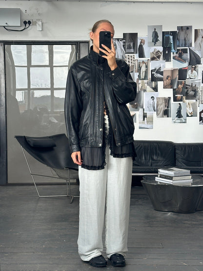 Vintage 1990s High Neck Leather Bomber Jacket - XL