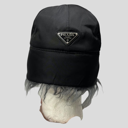 Prada Milano FW19 Mohair & Wool Triangle Logo Nylon Trapper Hat - S/M | O/S, Black