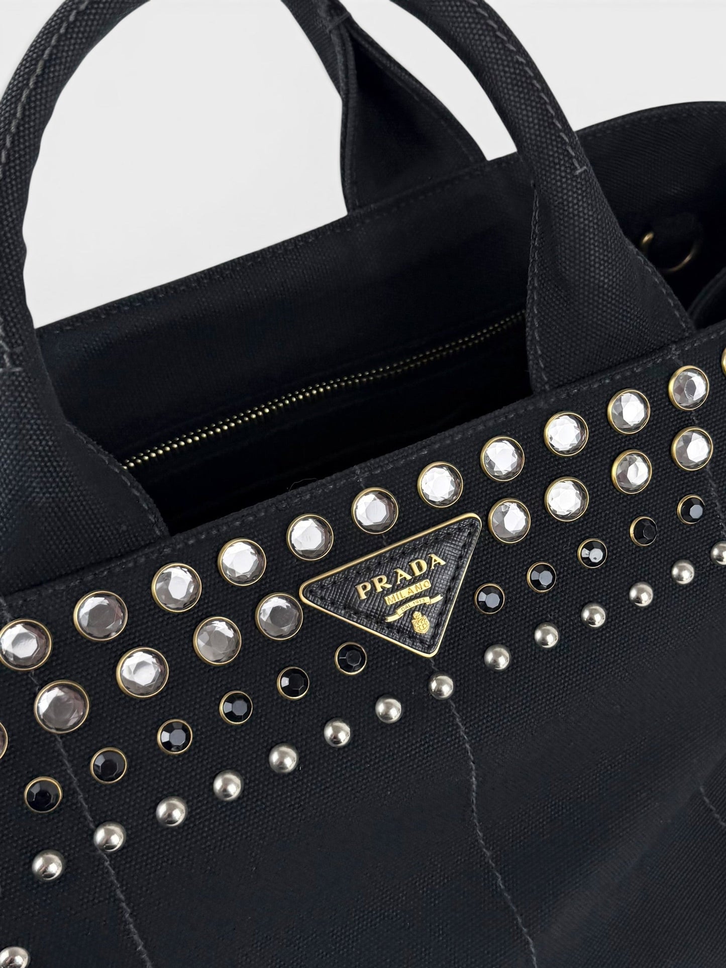 2000s Prada Black Canapa Studded 2-Way Handbag | O/S, Multicoloured