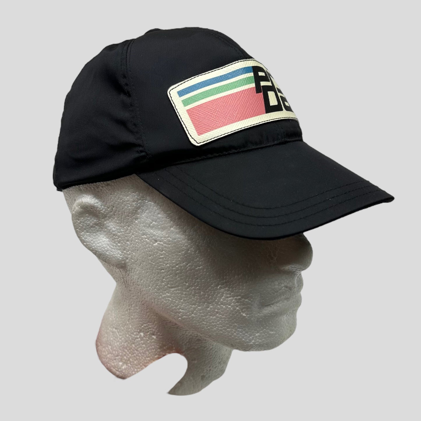 Prada Milano 2017 Saffiano Leather Race Logo Nylon Cap - M/L | O/S, Black