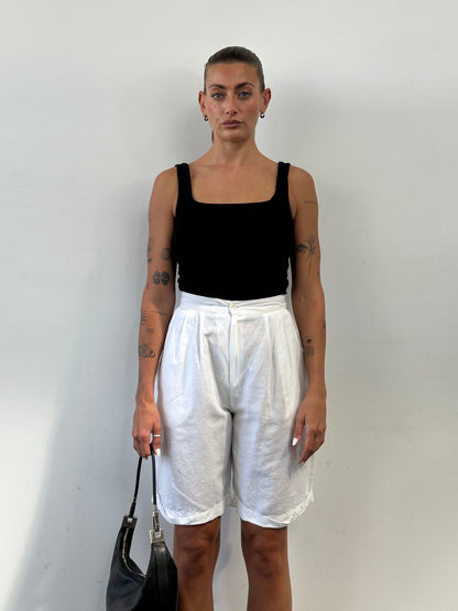 Vintage Linen Pleated High Waisted Wide Bermuda Shorts - W24