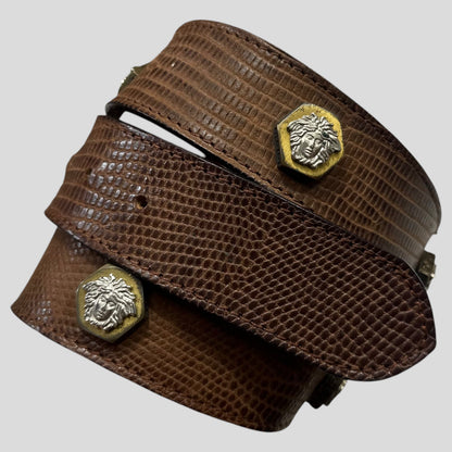 Gianni Versace 1994 Lizard Leather Medusa Bolt Stud Belt | O/S, Brown