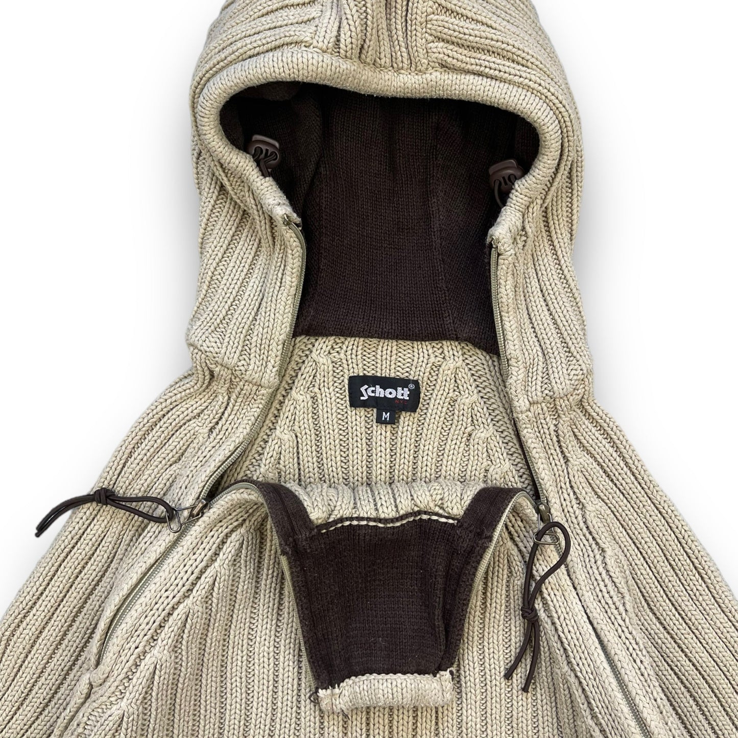 2000's Schott NYC Dual Zip Knitted Balaclava Hoodie (M) | Default Title, Beige