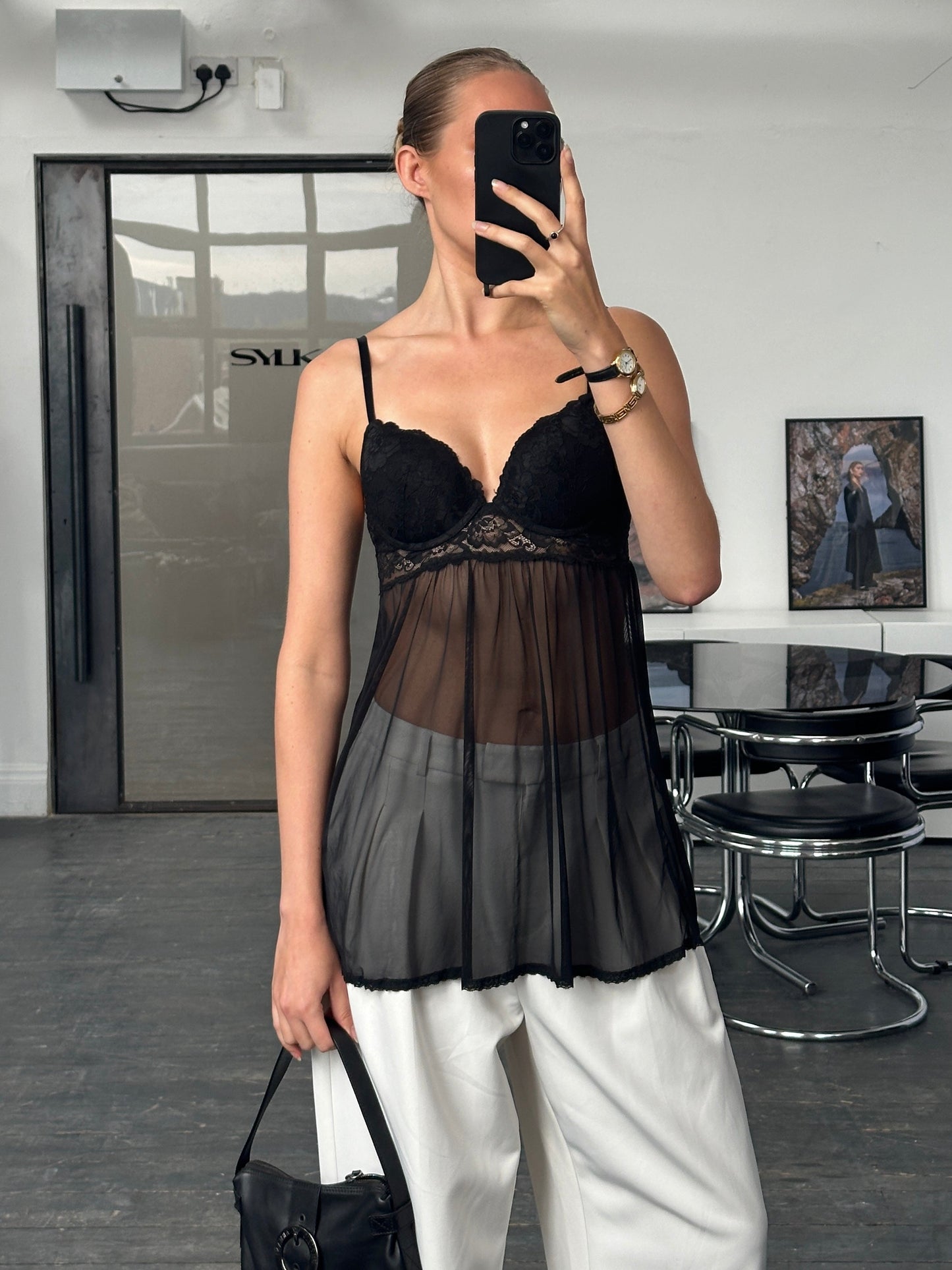 Vintage 2000s Sheer Lace Pushup Cami Top - S