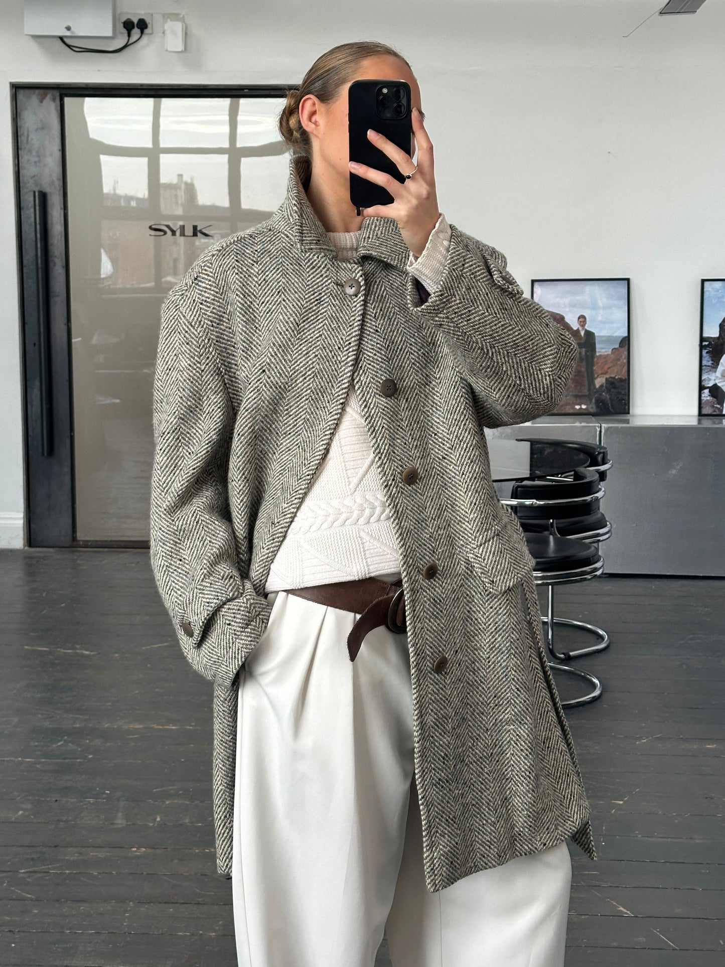 Valentino 1990s Pure Wool Herringbone Belted Coat - XL/XXL