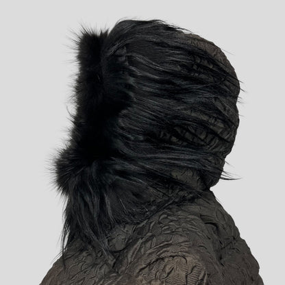 Prada 2014 Extreme Fur Hooded Silk & Wool Textured Puffer Jacket - IT44 (S) | Default Title, Blue