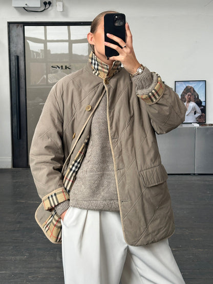 Burberry 1990s Quilted Nova Check Cord Collar Jacket – L