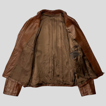 Prada Milano FW98 Whiskey Leather Nylon Lined Zip Work Jacket - IT50