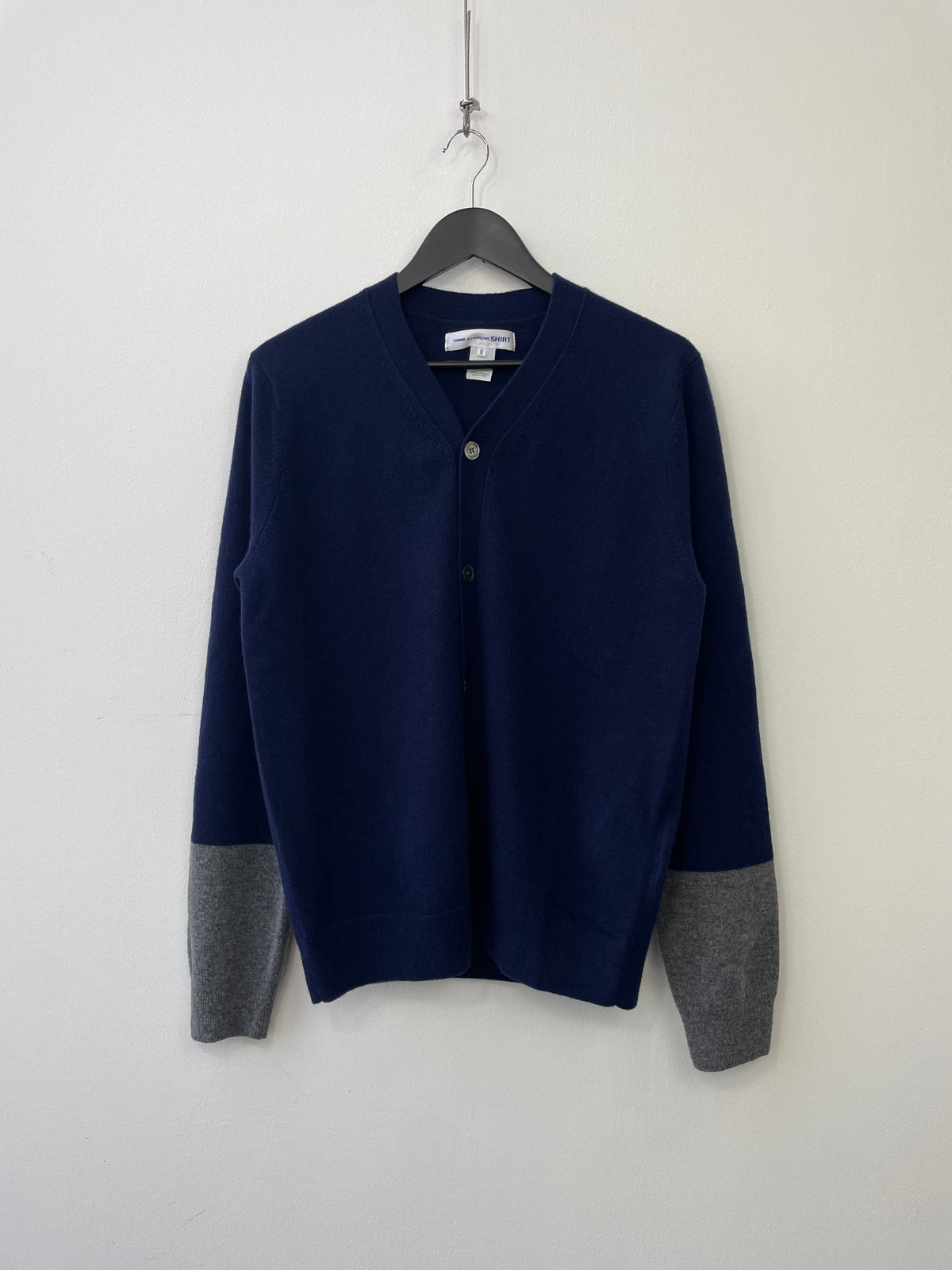 Comme Des Garçons SHIRT Lambswool Forever Cardigan | Medium, Navy Blue, Gray