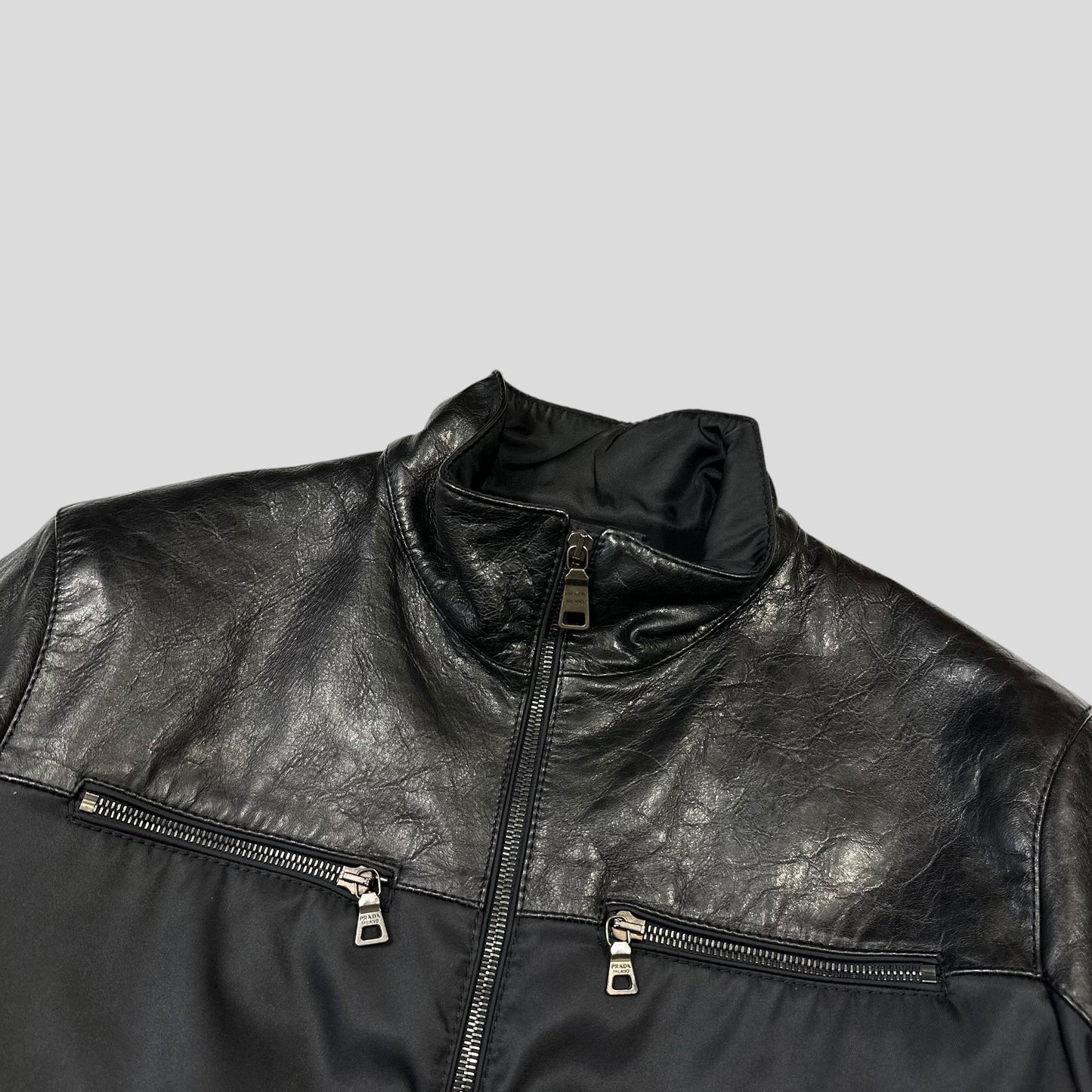 Prada Milano 2011 Gabardine Nylon Leather Jacket + Belt - M | Default Title, Black