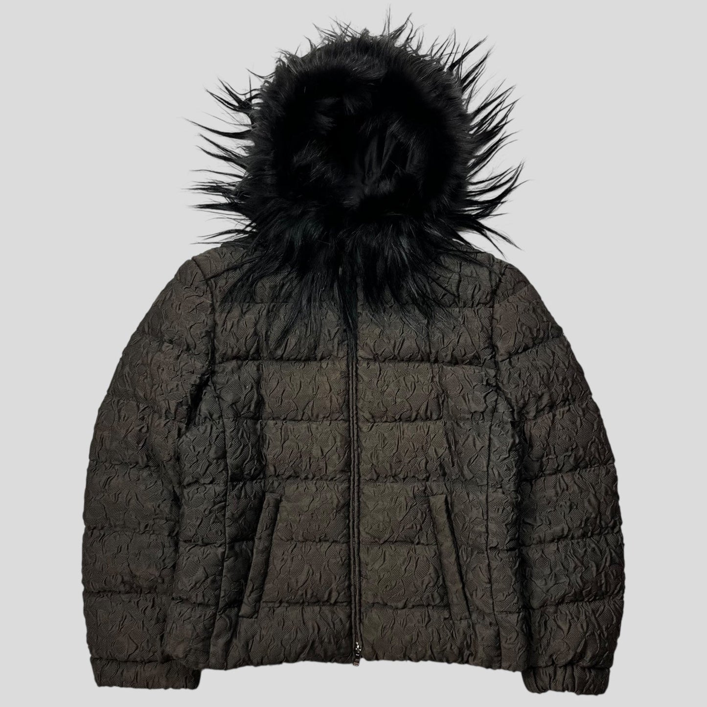 Prada 2014 Extreme Fur Hooded Silk & Wool Textured Puffer Jacket - IT44 (S) | Default Title, Blue