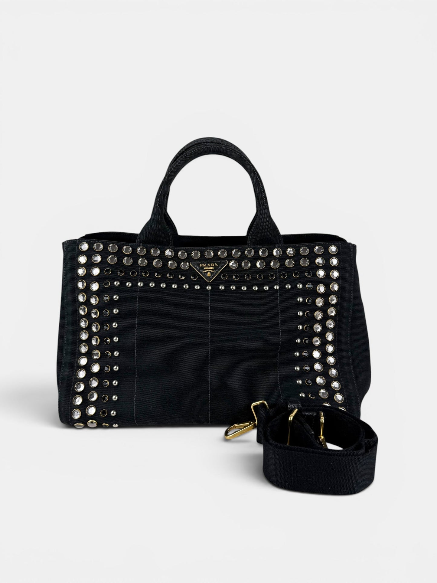 2000s Prada Black Canapa Studded 2-Way Handbag | O/S, Multicoloured