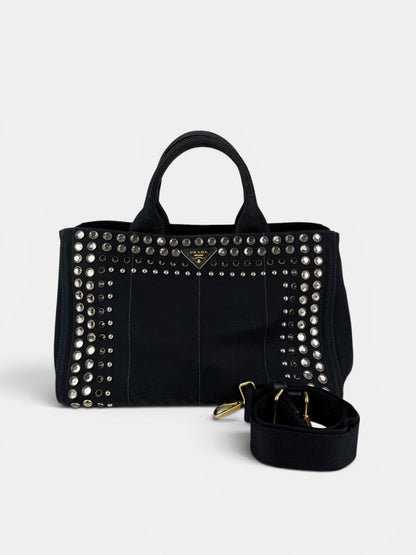 2000s Prada Black Canapa Studded 2-Way Handbag | O/S, Multicoloured